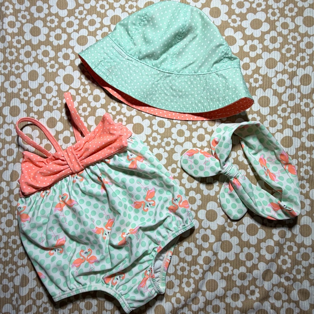 Infant Flamingo Swimsuit Mint & Coral Polka Dots w/ matching Hat & Headband